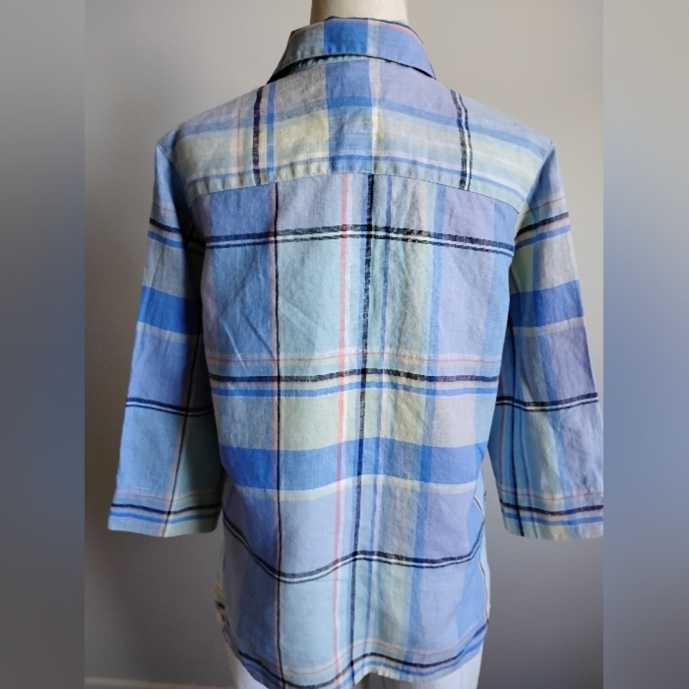 Liz Claiborne Linen Blue Plaid Button Up Shirt 3/4 Sleeves Coastal Size Medium - Picture 8 of 14